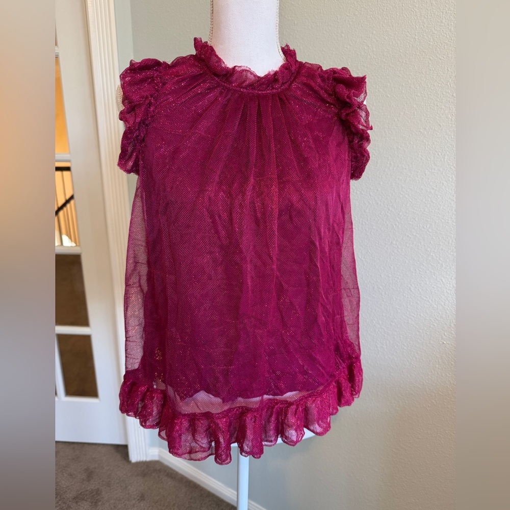 Anthropologie Maeve Hot Pink Metallic Tulle Blouse Size Large